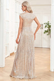 Champagne ærmeløs V-hals A Line Sparkly Prom Dress