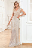 Champagne ærmeløs V-hals A Line Sparkly Prom Dress