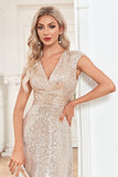 Champagne ærmeløs V-hals A Line Sparkly Prom Dress