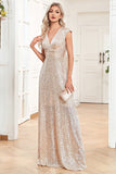 Champagne ærmeløs V-hals A Line Sparkly Prom Dress