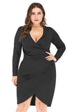 Bodycon V-hals Plus Size sort arbejdskjole med lange ærmer