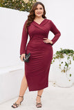 Bourgogne bodycon V-hals lange ærmer plus size arbejdskjole med slids