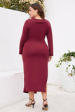 Bourgogne bodycon V-hals lange ærmer plus size arbejdskjole med slids