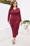 Bourgogne bodycon V-hals lange ærmer plus size arbejdskjole med slids