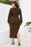 Bourgogne bodycon V-hals lange ærmer plus size arbejdskjole med slids