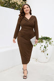 Bourgogne bodycon V-hals lange ærmer plus size arbejdskjole med slids