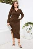 Bourgogne bodycon V-hals lange ærmer plus size arbejdskjole med slids