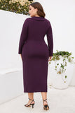 Bourgogne bodycon V-hals lange ærmer plus size arbejdskjole med slids