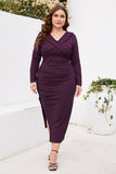 Bourgogne bodycon V-hals lange ærmer plus size arbejdskjole med slids