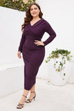 Bourgogne bodycon V-hals lange ærmer plus size arbejdskjole med slids