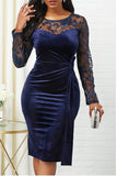 Navy Bodycon Blonde Splejsning Plus Size Velvet Work Dress med lange ærmer