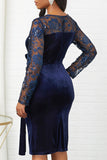 Navy Bodycon Blonde Splejsning Plus Size Velvet Work Dress med lange ærmer