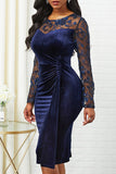 Navy Bodycon Blonde Splejsning Plus Size Velvet Work Dress med lange ærmer