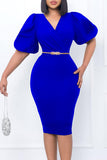 Bodycon sort arbejdskjole med V-hals og pufærmer