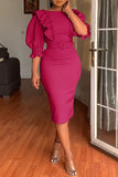 Bodycon fuchsia arbejdskjole med rund hals med pufgeærmer