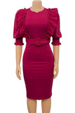 Bodycon fuchsia arbejdskjole med rund hals med pufgeærmer