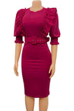 Bodycon fuchsia arbejdskjole med rund hals med pufgeærmer