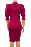 Bodycon fuchsia arbejdskjole med rund hals med pufgeærmer