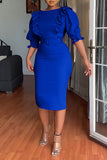 Bodycon fuchsia arbejdskjole med rund hals med pufgeærmer