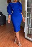 Bodycon fuchsia arbejdskjole med rund hals med pufgeærmer