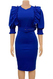 Bodycon fuchsia arbejdskjole med rund hals med pufgeærmer