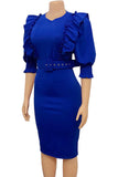 Bodycon fuchsia arbejdskjole med rund hals med pufgeærmer