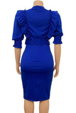 Bodycon fuchsia arbejdskjole med rund hals med pufgeærmer