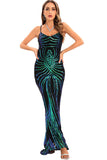 Sort pailletspaghettirem rygløs bodycon lang aftenkjole