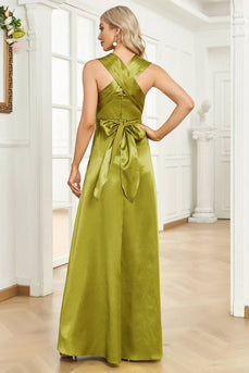 Satin Green Halter formel kjole med plisseret