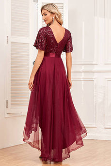 Bordeaux Høj-lav A-line formel kjole med pailletter