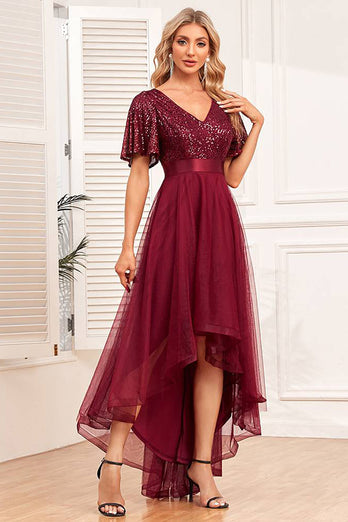 Bordeaux Høj-lav A-line formel kjole med pailletter