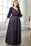 Navy A-Line Plus Size V-hals gallakjole