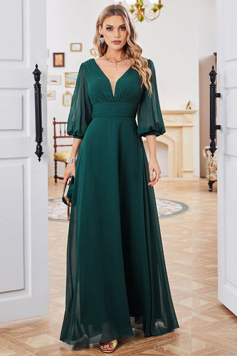 A-Line mørkegrøn chiffon kjole med V-hals