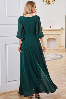 A-Line mørkegrøn chiffon kjole med V-hals