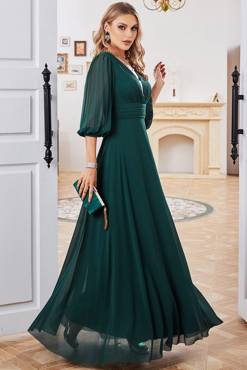 Indlæs billede til gallerivisning A-Line mørkegrøn chiffon kjole med V-hals