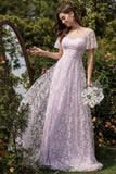 Lilac A line Tulle Prom Kjole med blomsterprint