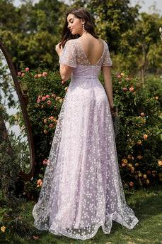 Lilac A line Tulle Prom Kjole med blomsterprint