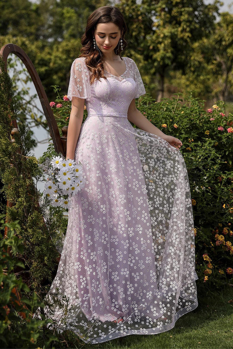 Indlæs billede til gallerivisning Lilac A line Tulle Prom Kjole med blomsterprint