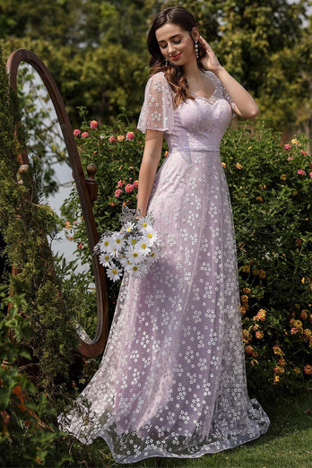 Lilac A line Tulle Prom Kjole med blomsterprint