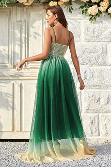 Grøn gradient spaghetti stropper A Line Prom kjole