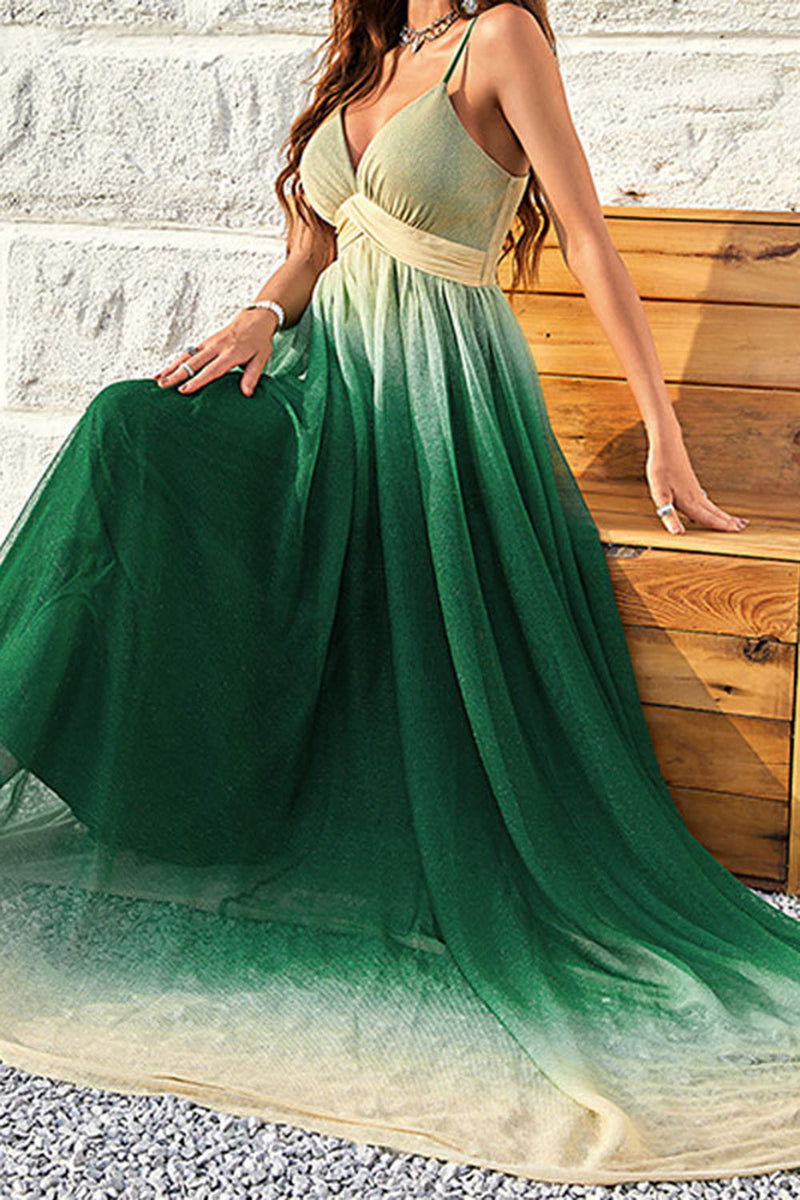 Indlæs billede til gallerivisning Grøn gradient spaghetti stropper A Line Prom kjole