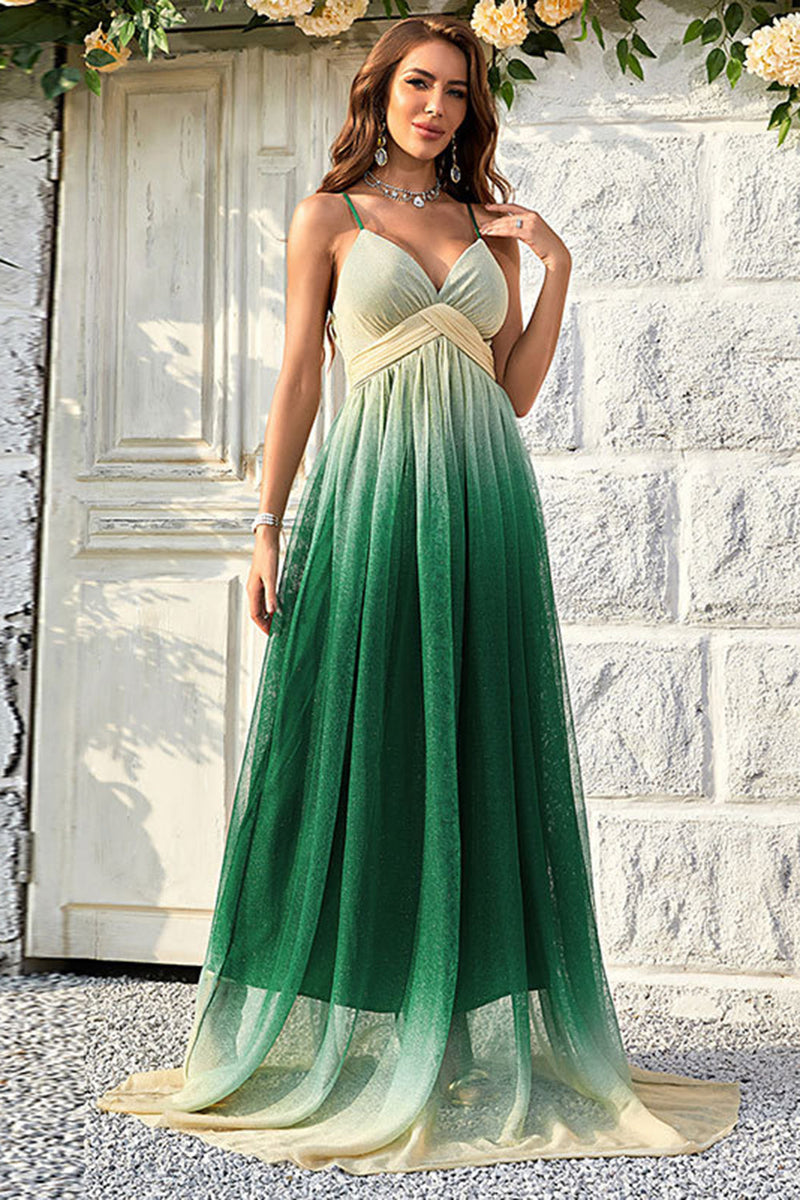Indlæs billede til gallerivisning Grøn gradient spaghetti stropper A Line Prom kjole