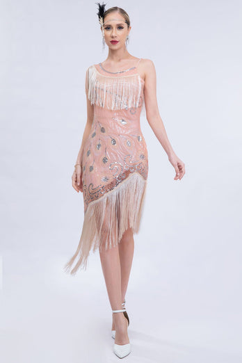 Glitrende rødme asymmetriske pailletter frynsede kjole fra 1920'erne med tilbehørssæt
