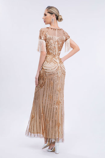 Champagne glitrende frynser Lang kjole fra 1920'erne med korte ærmer