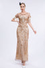 Indlæs billede til gallerivisning Champagne glitrende frynser Lang kjole fra 1920&#39;erne med korte ærmer