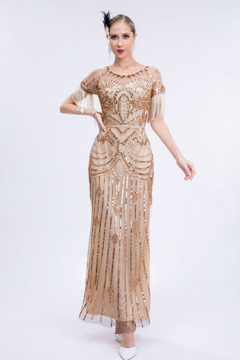 Champagne glitrende frynser Lang kjole fra 1920'erne med korte ærmer