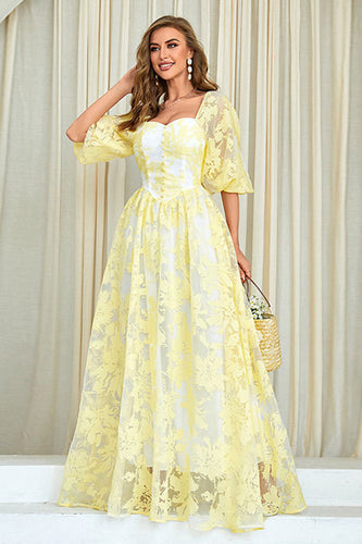 Gul print A Line Prom kjole med pufærmer