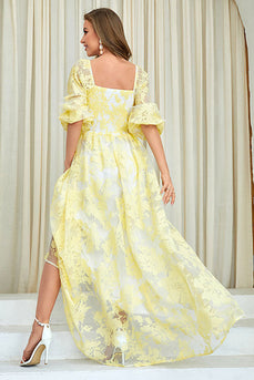Gul print A Line Prom kjole med pufærmer