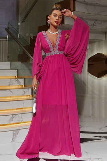 Hot Pink dyb V-hals formel kjole