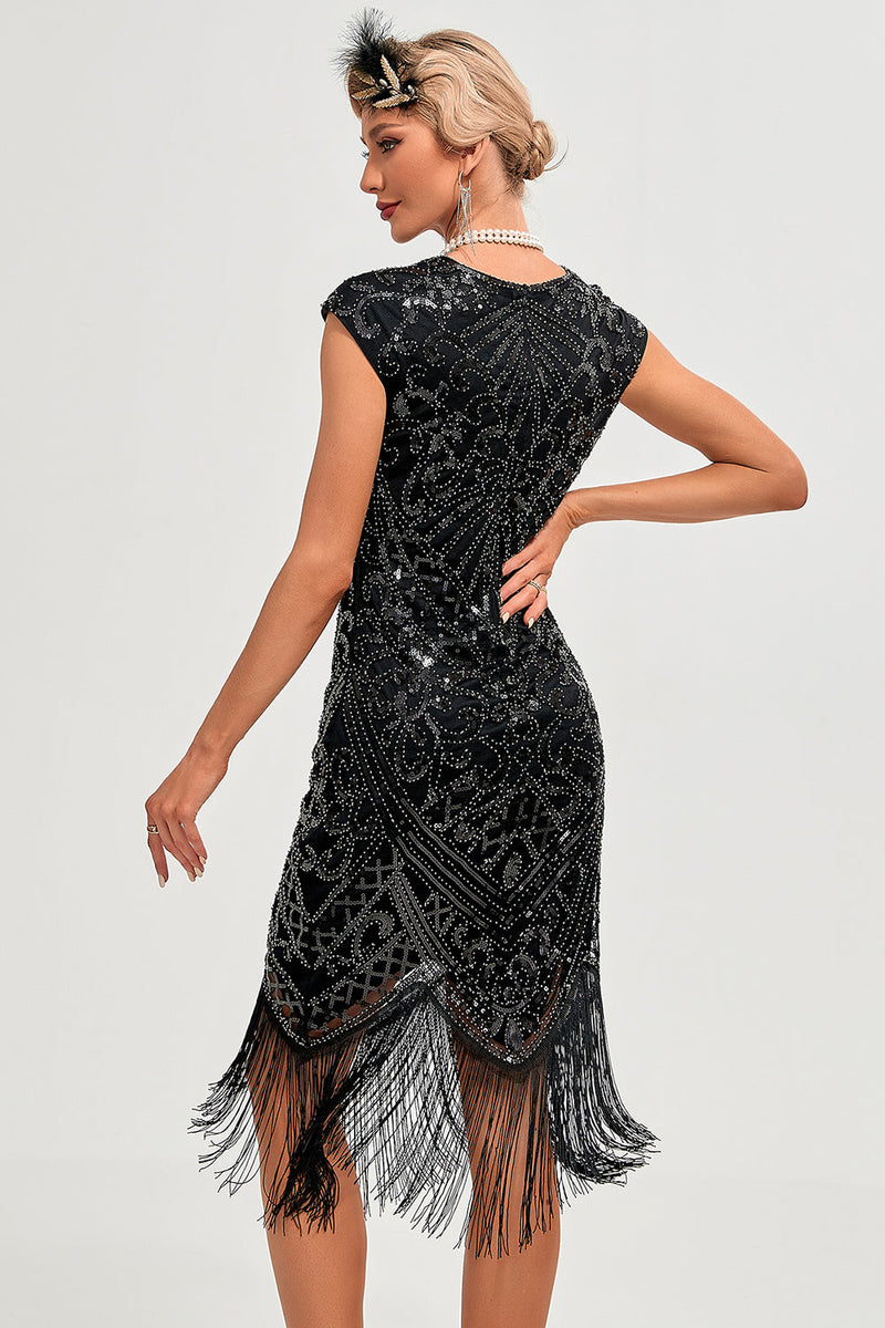Indlæs billede til gallerivisning Glitrende sort perleberedt frynsede 1920&#39;erne Gatsby kjole